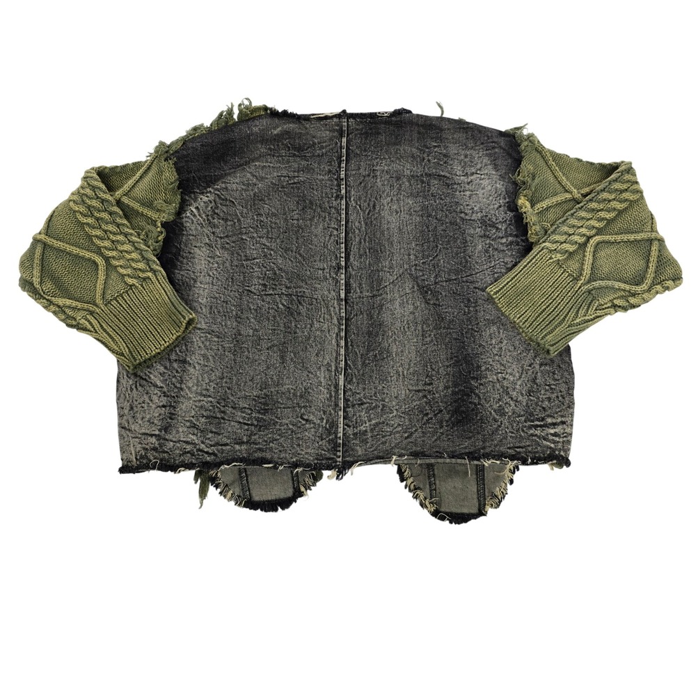 Distressed Cable Knit Cropped Sweater Olive Green Deconstructed Avant Garde - Picture 4 of 5
